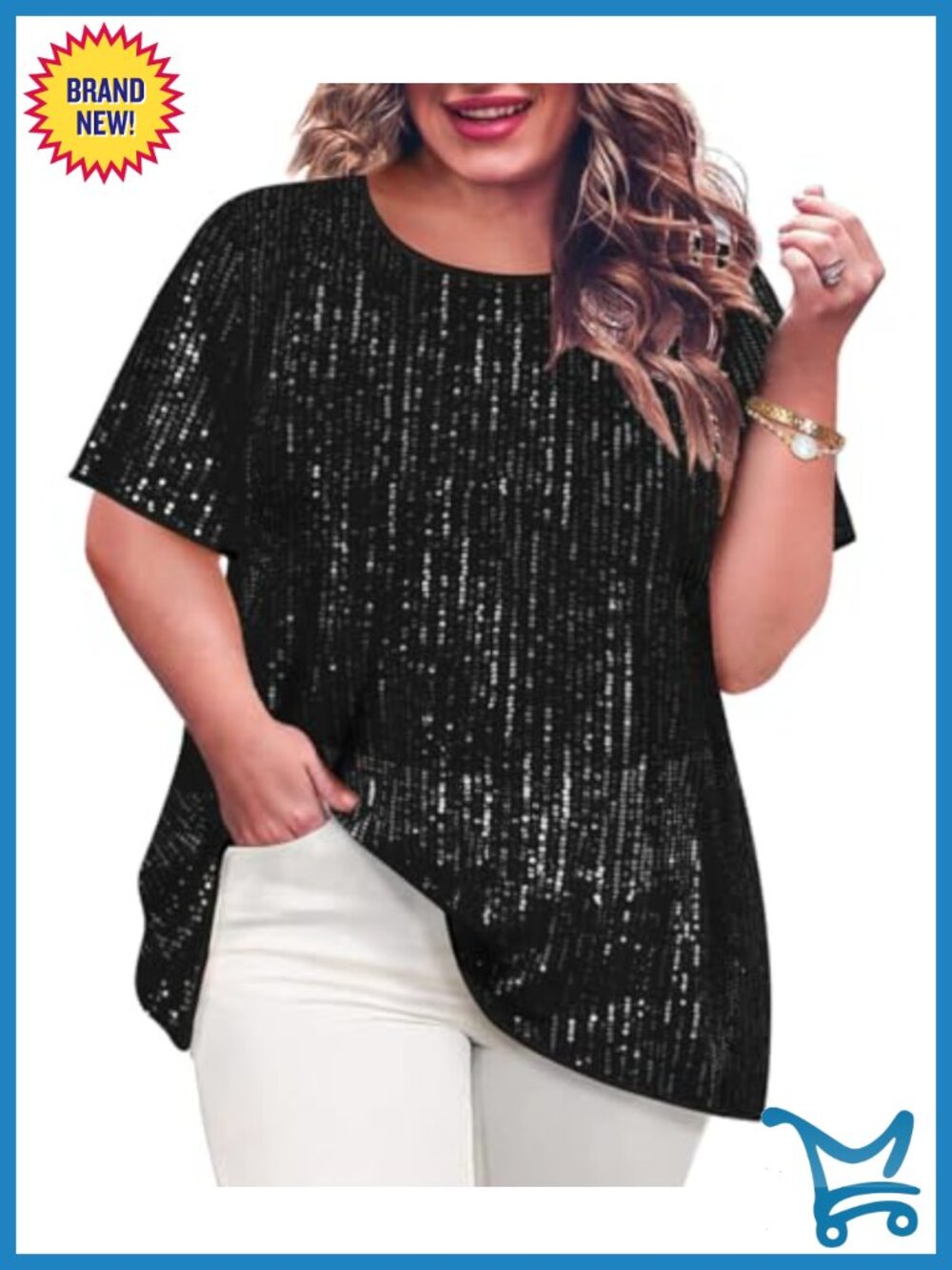 Plus Size Sequin Tunic Top Short Sleeve Crewneck Party Sparkly Blouse
